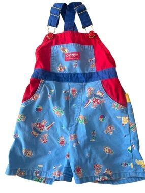 Vintage OshKosh B'gosh Blue and Red Teddy Print Shortalls Size 3t